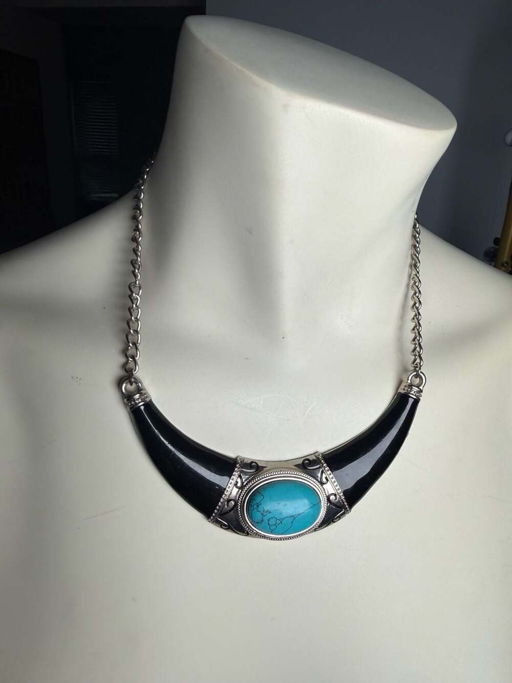 Vintage-Style Faux Turquoise and Black Enamel Crescent Moon Bib Necklace